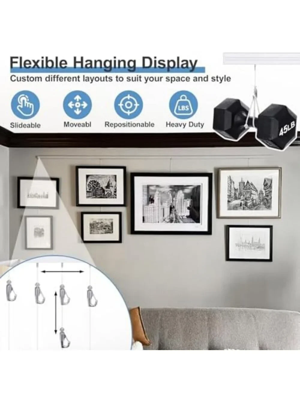 47 Inch Picture Rail Hanging System for Gallery, Studio, Home Decor & Art